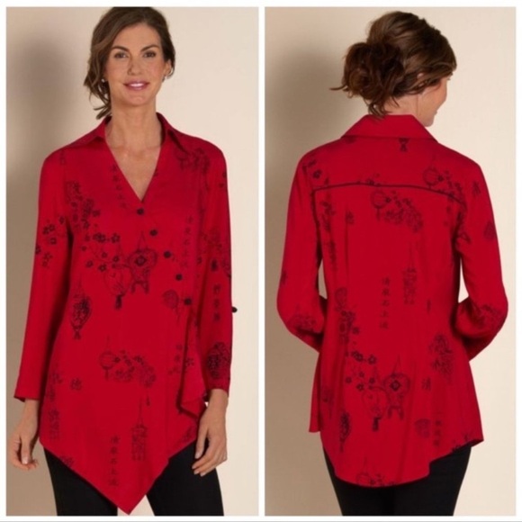 Soft Surroundings Pagoda Tunic XL Blouse Oriental Asian Red Black Office Career - Picture 2 of 7